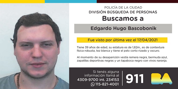 La Policía de la Ciudad solicita colaboración en la búsqueda de Edgardo Hugo Bascobonik