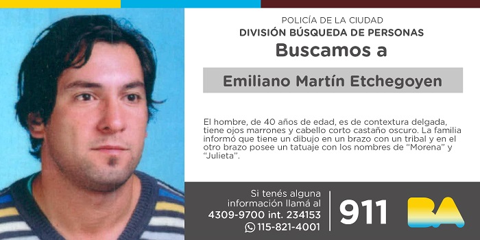 La Policía de la Ciudad solicita colaboración en la búsqueda de Emiliano Martín Etchegoyen