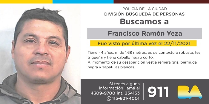 La Policía de la Ciudad solicita colaboración en la búsqueda de Francisco Ramón Yeza