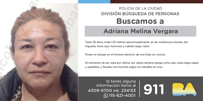La Policía de la Ciudad solicita colaboración en la búsqueda de Adriana Melina Vergara