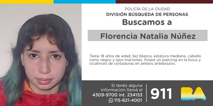 La Policía de la Ciudad solicita colaboración en la búsqueda de Florencia Natalia Núñez