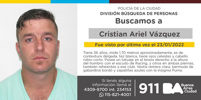 La Policía de la Ciudad solicita colaboración en la búsqueda de Cristian Ariel Vázquez