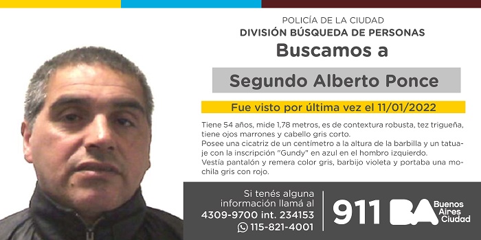 La Policía de la Ciudad solicita colaboración en la búsqueda de Segundo Alberto Ponce