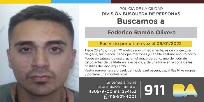 La Policía de la Ciudad solicita colaboración en la búsqueda de Federico Ramón Olivera