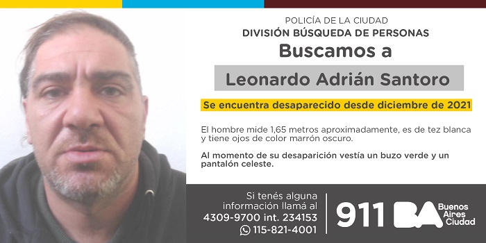 La Policía de la Ciudad solicita colaboración en la búsqueda de Leonardo Adrián Santoro