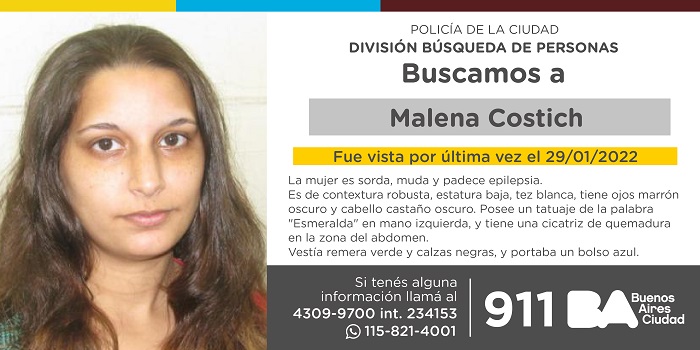 La Policía de la Ciudad solicita colaboración en la búsqueda de Malena Costich