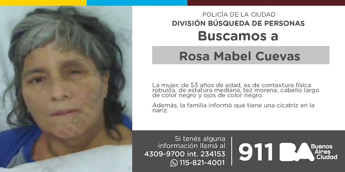 La Policía de la Ciudad solicita colaboración en la búsqueda de Rosa Mabel Cuevas
