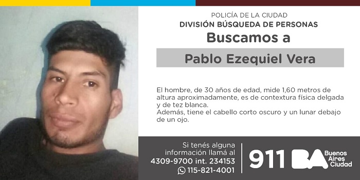 La Policía de la Ciudad solicita colaboración en la búsqueda de Pablo Ezequiel Vera